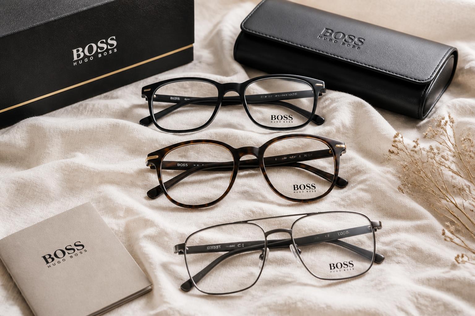 Designer eyeglasses arranged on linen